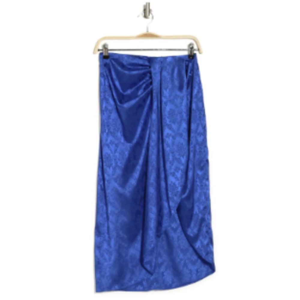 Ronny Kobo Miranda Jacquard Satin Midi Skirt Large Dark Blue Drapey Tulip Hem